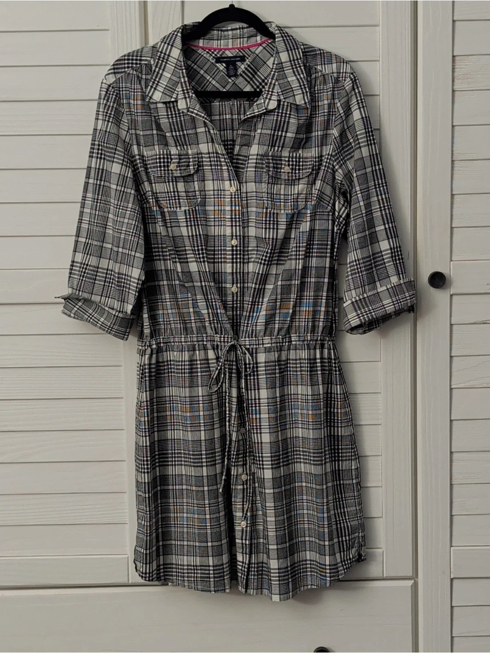 Zara Black, White and Gray Plaid Midi Shirt Dress with Drawstring